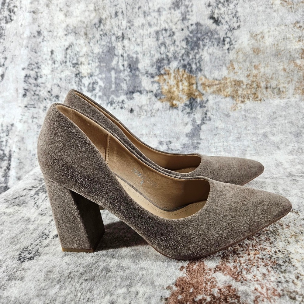 VICI Block Heels Pumps Womens 8 Jasmin Taupe Suede Pointed Toe Faux Suede - Picture 5 of 13